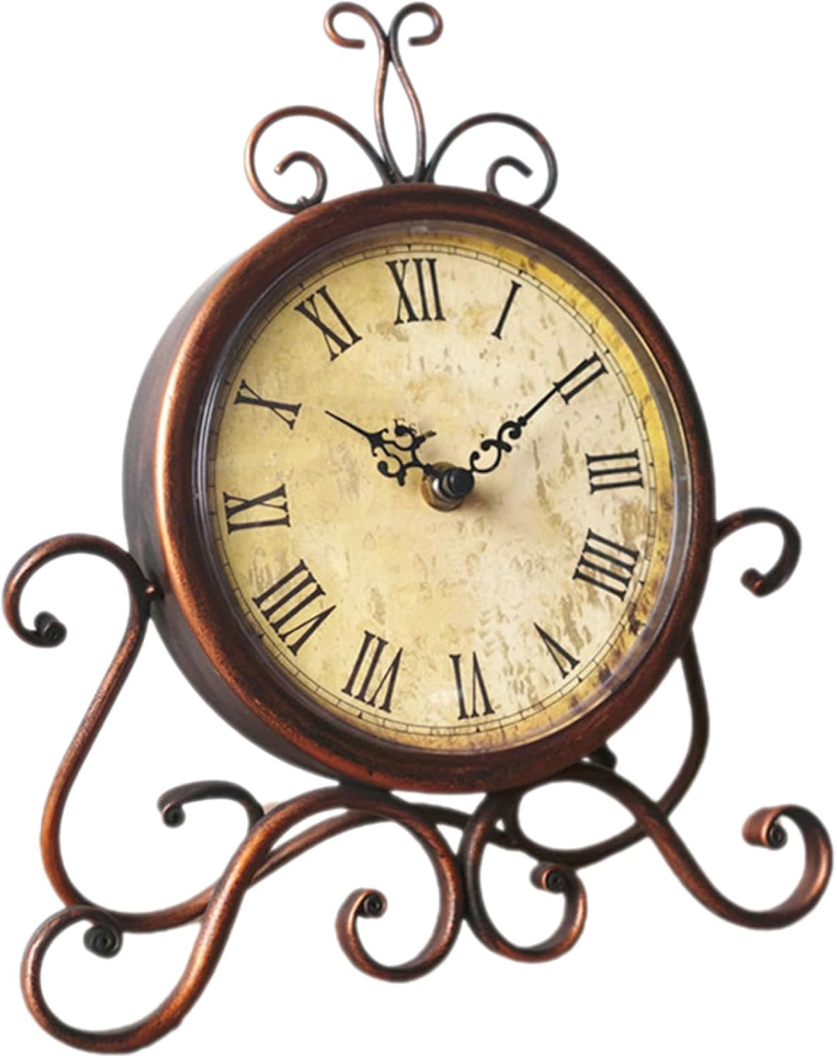 FAVOMOTO Vintage Style Iron Art Mantel Clock Classical Desktop Decorative Clock Brown Silent Living Room Shelf Décor Battery Not Included