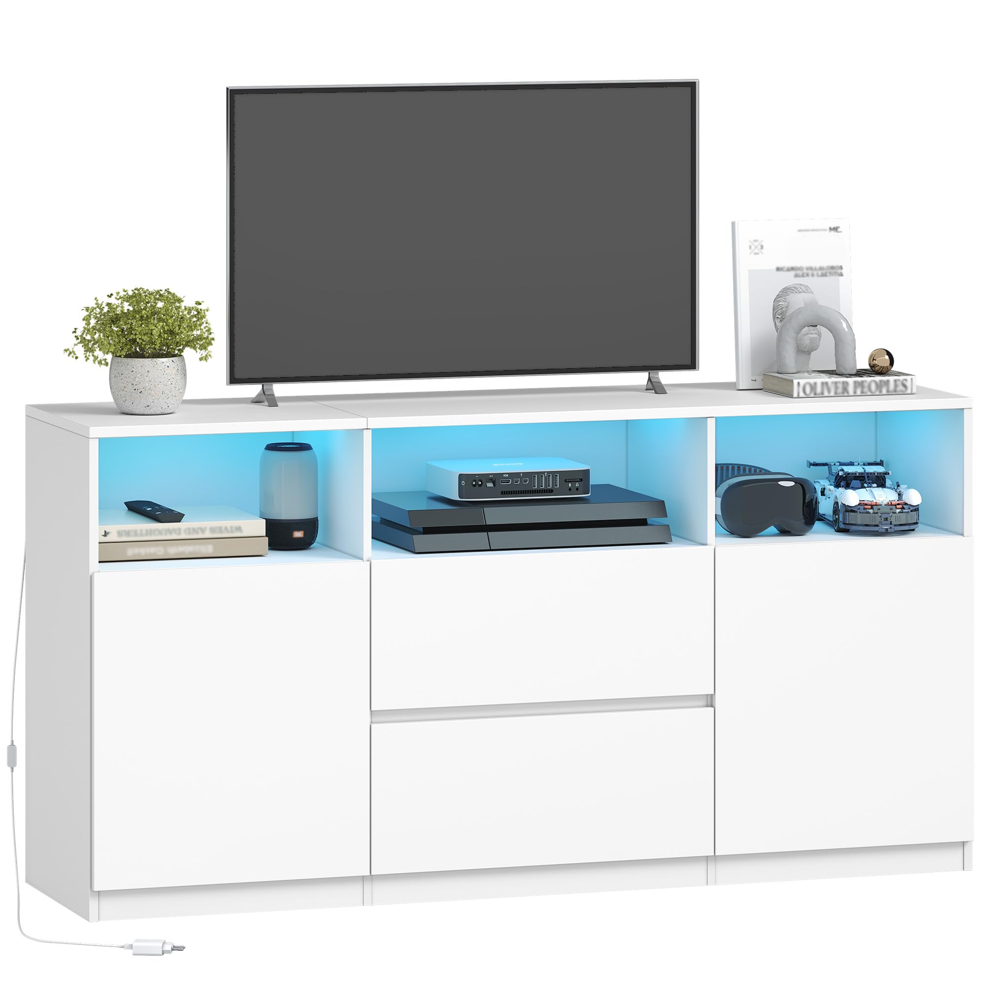 Hzuaneri Meuble TV avec LED RGB et Télécommande (25 Couleurs) Sideboard, 147 cm Banc Télé pour Téléviseurs jusqu'à 65", 2 Espace de Rangement Ouvert, pour Salon, Chambre, Blanc TV17003XEU