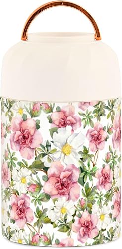 Miniatura 2 de Tarro de comida con cuchara de flores florales de acuarela de acero inoxidable aislado al vacío, contenedor de comida de 17 onzas, termo de sopa