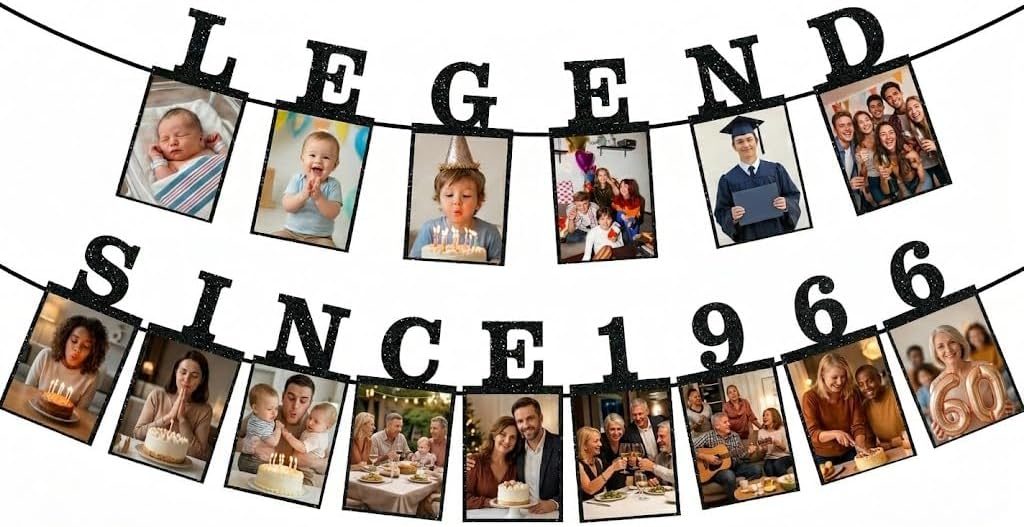 Pre-Strung Black 60th Birthday Photo Banner, Legend Since 1966