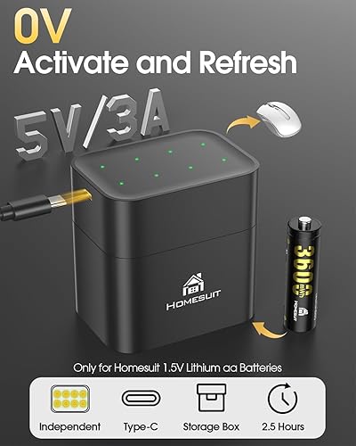 Miniatura 6 de Homesuit Paquete de 8 baterías recargables AA de litio con cargador, baterías de litio de alta capacidad de 3600 mWh, recargables AA, batería de