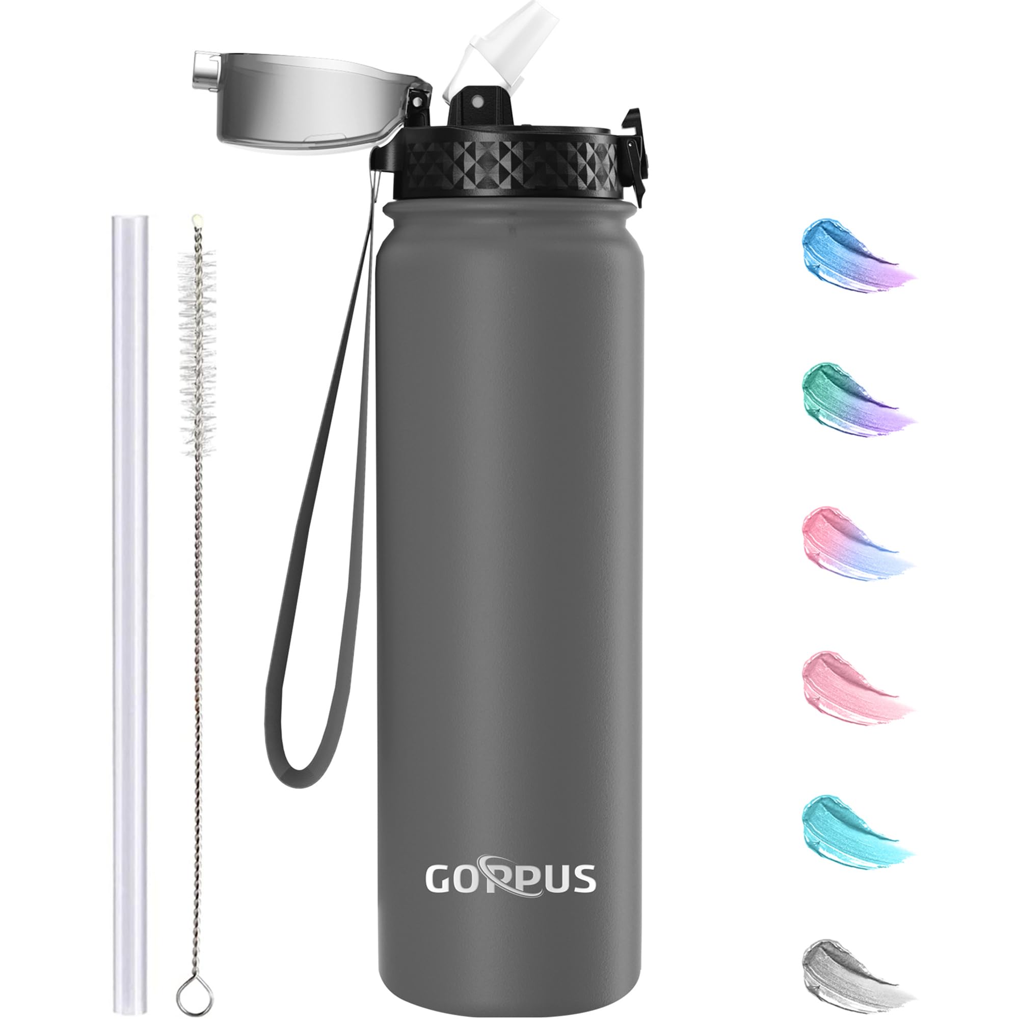 GOPPUS 1L/32oz Stainless Water Bottle with Straw Double Wall Insulated Bottles with Strap Reusable Vacuum Thermal Flask Leakproof Keep Cold Drinks Bottles with Flip Top Lid for Gym Men Women BPA Free — image 1