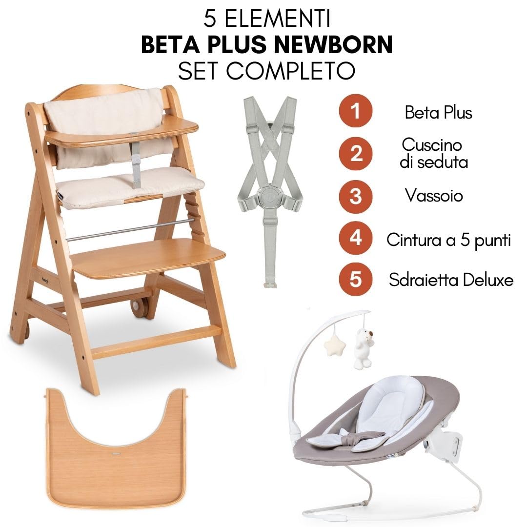 hauck Seggiolone Beta Plus Newborn Deluxe - Seggiolone Legno Evolutivo con Sdraietta Neonati, Dondolo Neonati, Cuscino Seduta e Vassoio - (Naturale Beige)