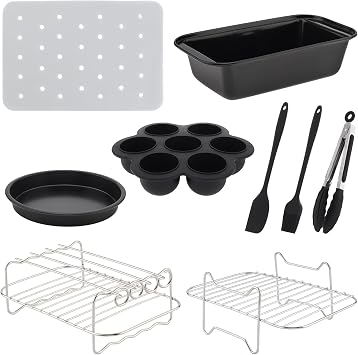 Dual Basket Air Fryer Accessories, Set of 9 Fit for Ninja DZ201, DZ401 | and Most 8QT - 10QT and Larger Dual Zone Air Fryer, Include Cake Pizza Pan, Rack & Skewer, Paper Liner