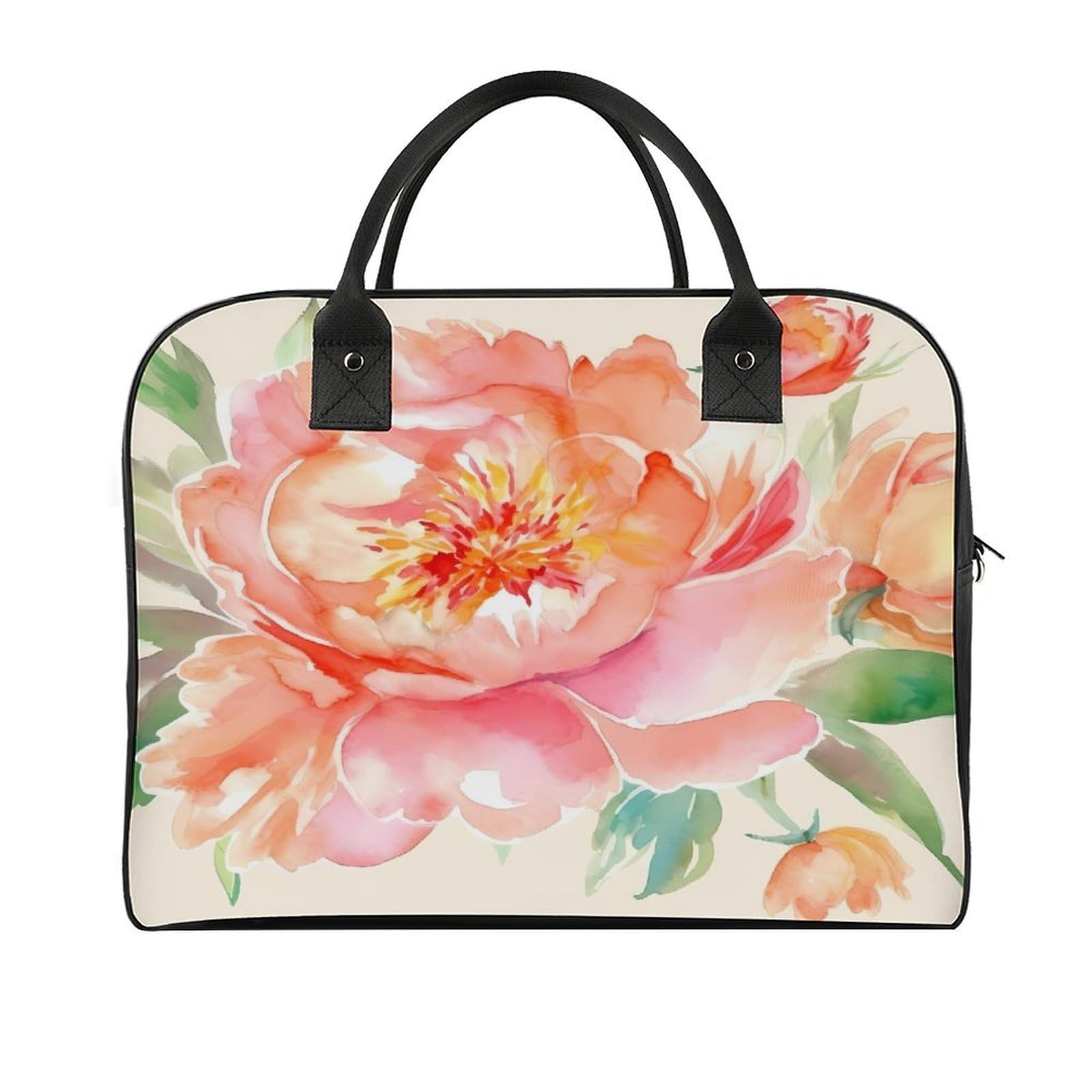 Peach Peony Laptop Tote Bag Casual Travel Handbag Multi Pocket Shoulder Bags for Work Travel