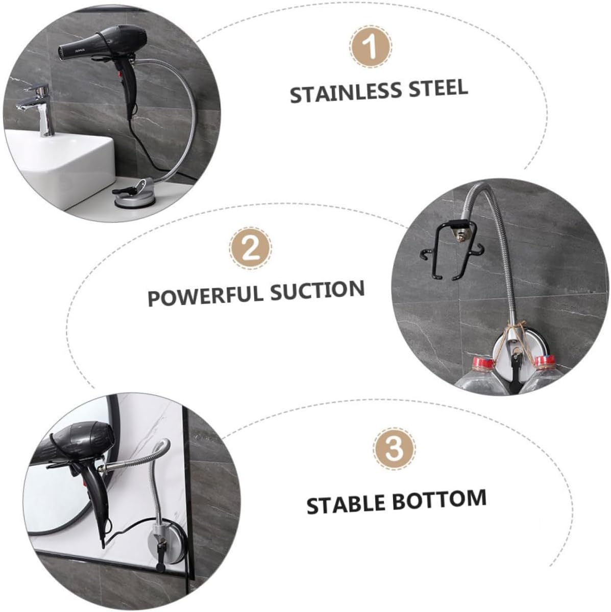 Vaguelly Stainless Steel Hair Dryer Holder Stand Suction Cup Rotating Hands-Free Hair Dryer Bracket for Home and Travel Storage