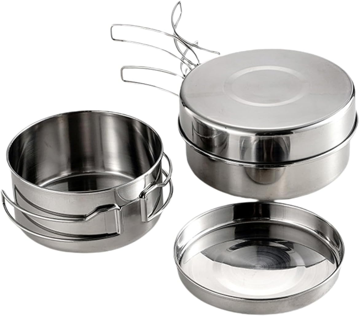 1Set Stainless Steel Outdoor Cooking Pot and Pan Portable Cookware Kit with Handles for Camping Hiking Fishing and Barbecue Lightweight and Durable Cookware for Easy