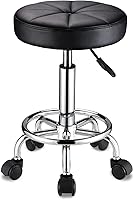 HMTOT Height Adjustable Rolling Stool with Wheels - Swivel Spa Salon Massage Chair Black PU Leather 19.6-26"