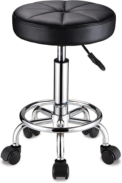 HMTOT Swivel Stool with Wheels Round Rolling Stools PU Leather Height Adjustable Black