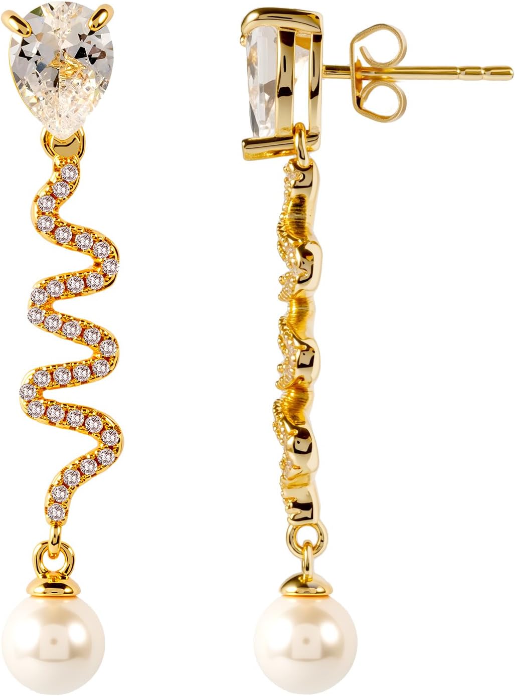 Women’s Spiral Drop Earrings with Cubic Zirconia & Pearl Accents, Hypoallergenic Dangle Earrings for Women, Elegant Wave Design Party Wedding Jewelry, Silver-Tone Lightweight Earrings