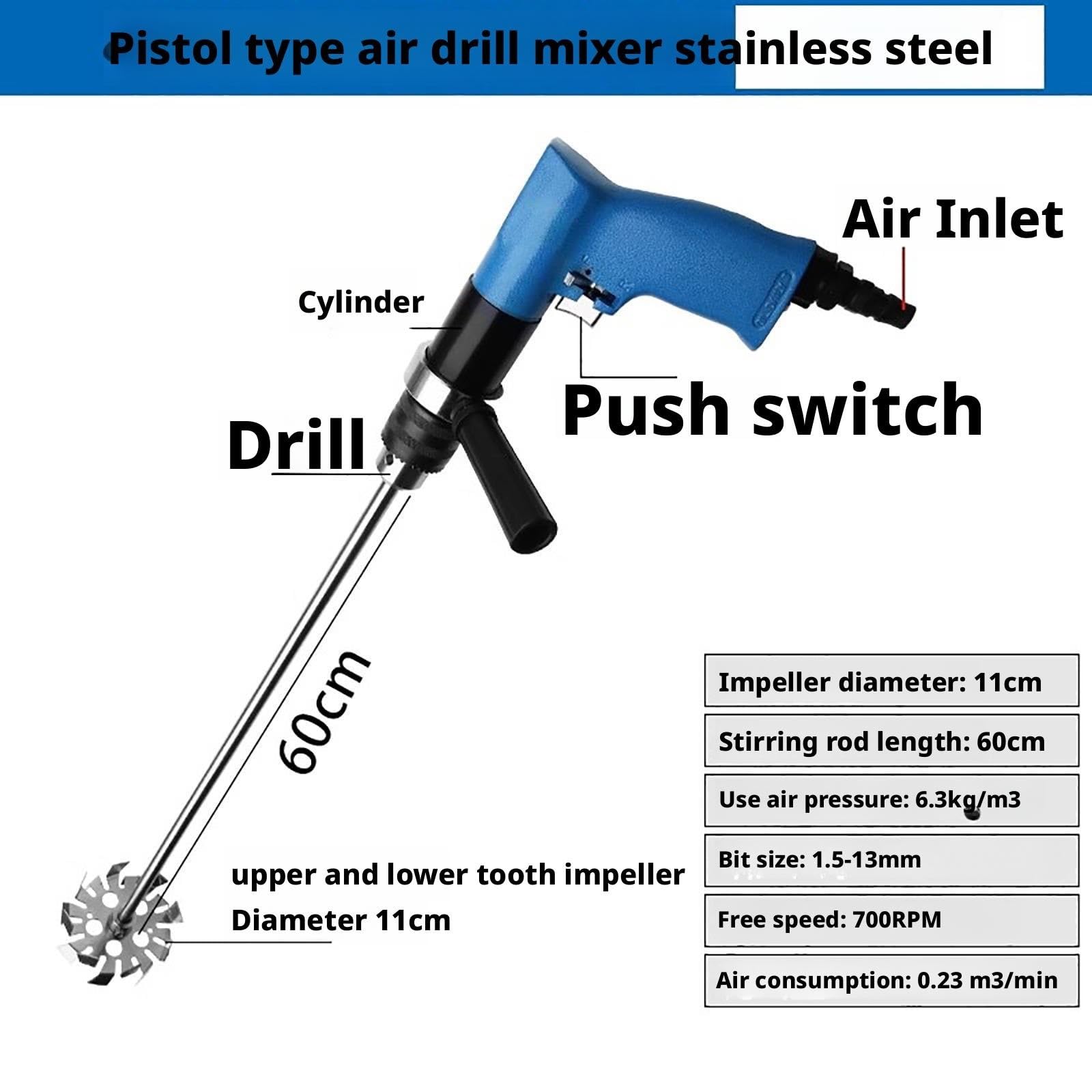 Miscelatore pneumatico portatile, agitatore for miscelatore di vernici con trapano ad aria compressa, 700 giri/min(Stainless steel)