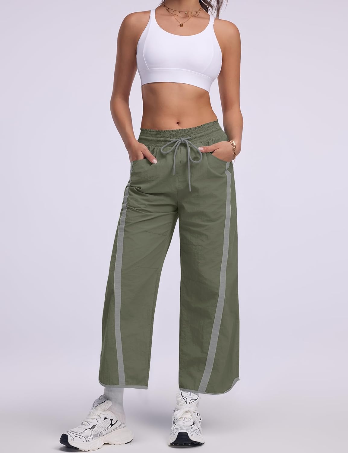 LOMON Womens Baggy Wide Leg Pants 2026 Lightweight Drawstring Contrast Color Elastic Waisted Y2K Track Pants with Pockets - Image 3