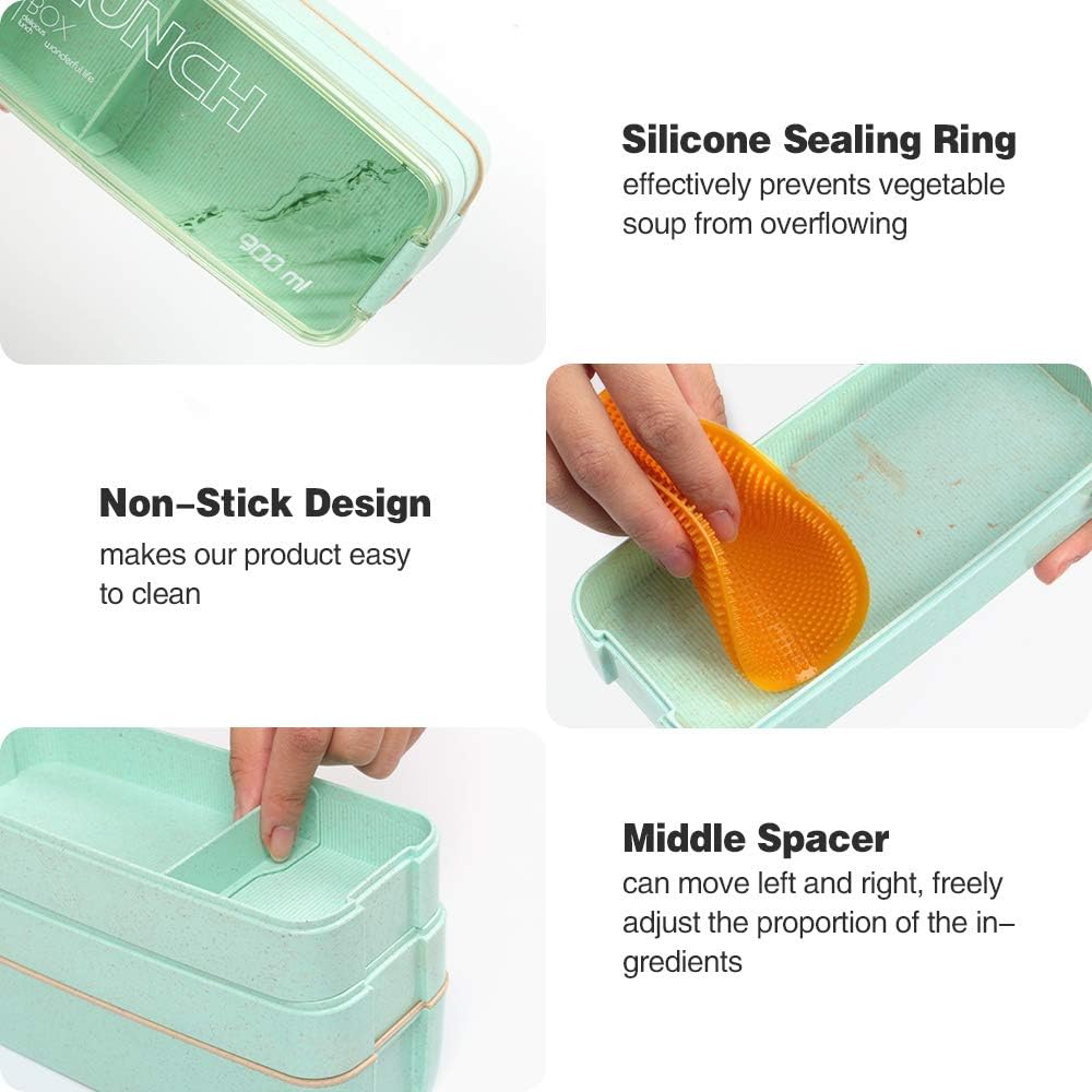 Ozazuco Bento Box Japanese Lunch Box,3-In-1 Compartment - Wheat Straw, Leakproof Eco-Friendly Bento Lunch Box Meal Prep Containers for Kids & Adults: Home & Kitchen