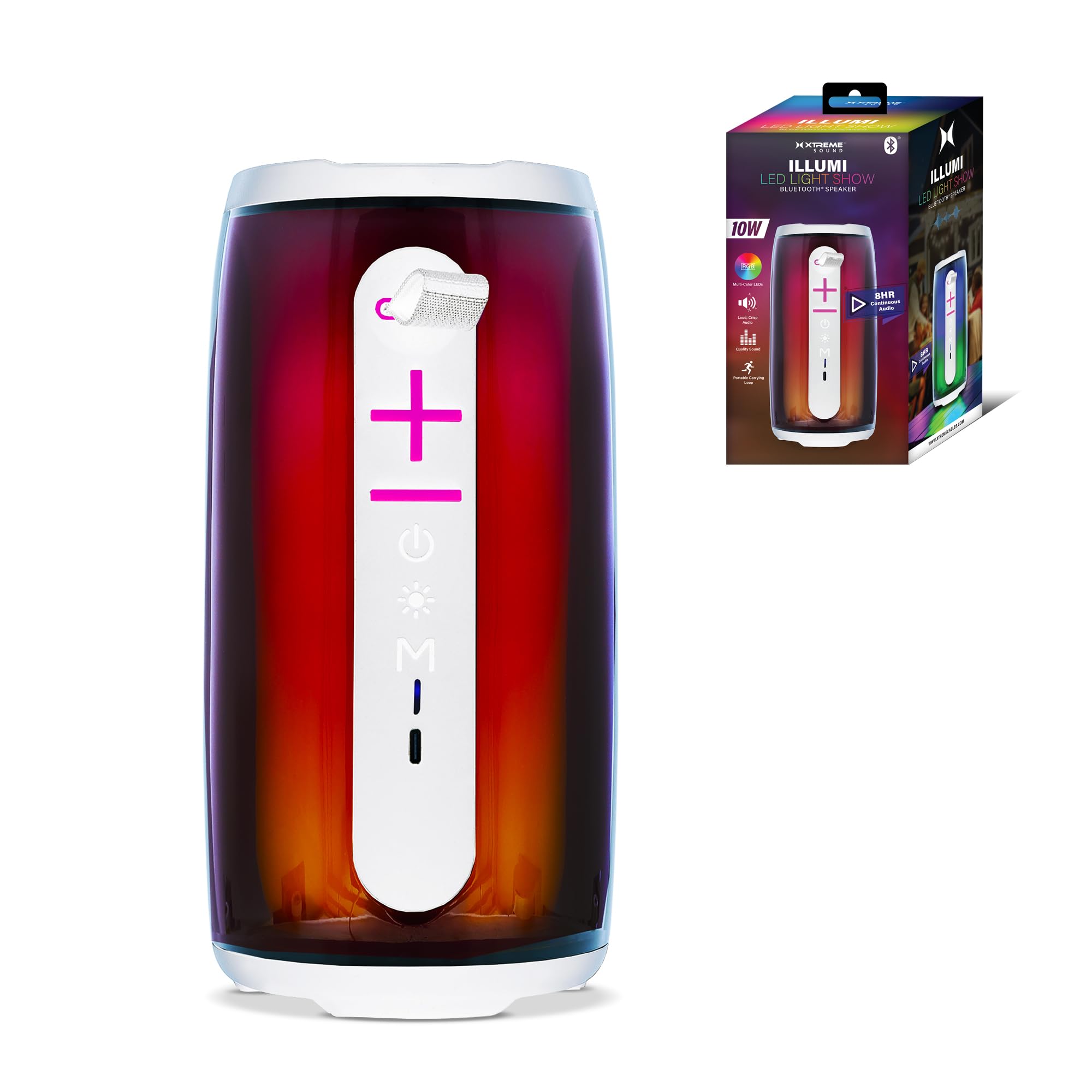 Xtreme LED Bluetooth Speaker, Multiple Light Show Modes, 33-Foot Bluetooth Range, Aux, USB and Micro-SD Card Reader, Full Audio and Color Controls, Carrying Loop, Rechargeable, LED Indicator (White)