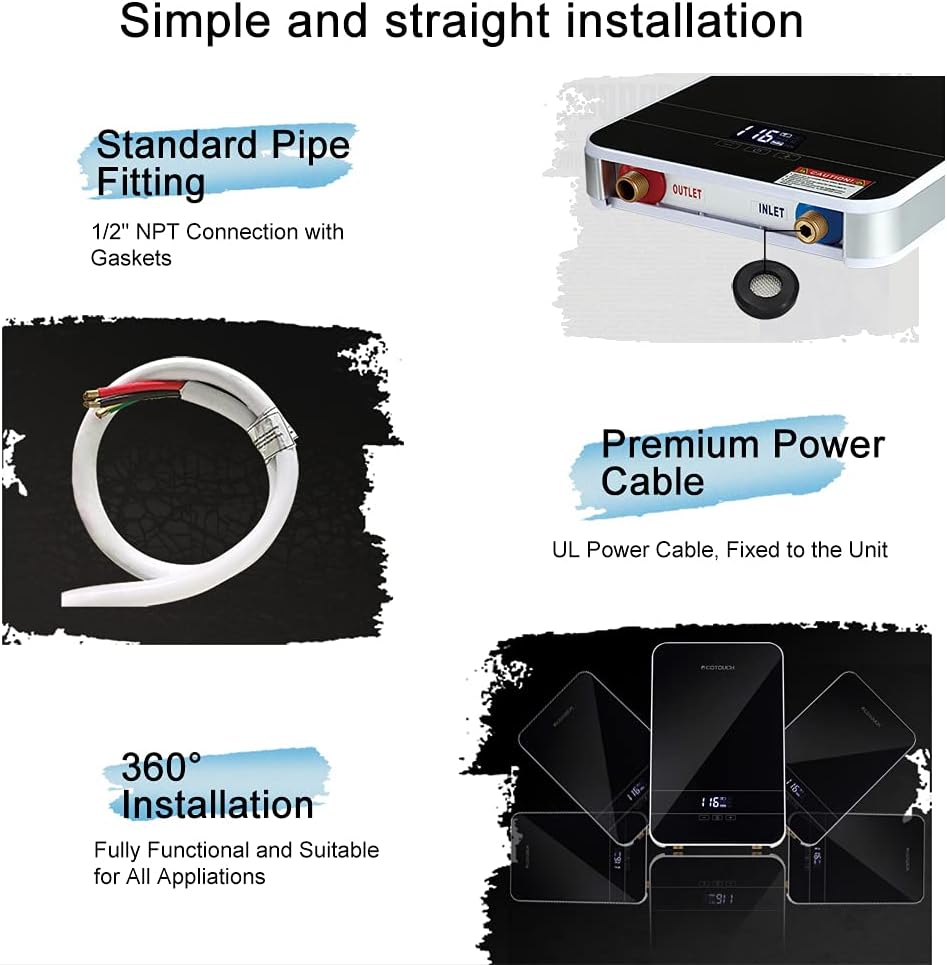 Electric Tankless Water Heater, ECOTOUCH on Demand Water Heater Electric Tankless Water Heater 240V Smart Instant Water Heater Self-Modulating Hot Water Heater ECO65, Black 6.5kW - - 