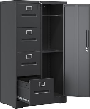 Metal File Cabinet with Lock for Home Office, Steel Vertical Storage Locker Organizer with 4 Drawers and 1 Door for Legal/Letter/A4/F4 Files, Black