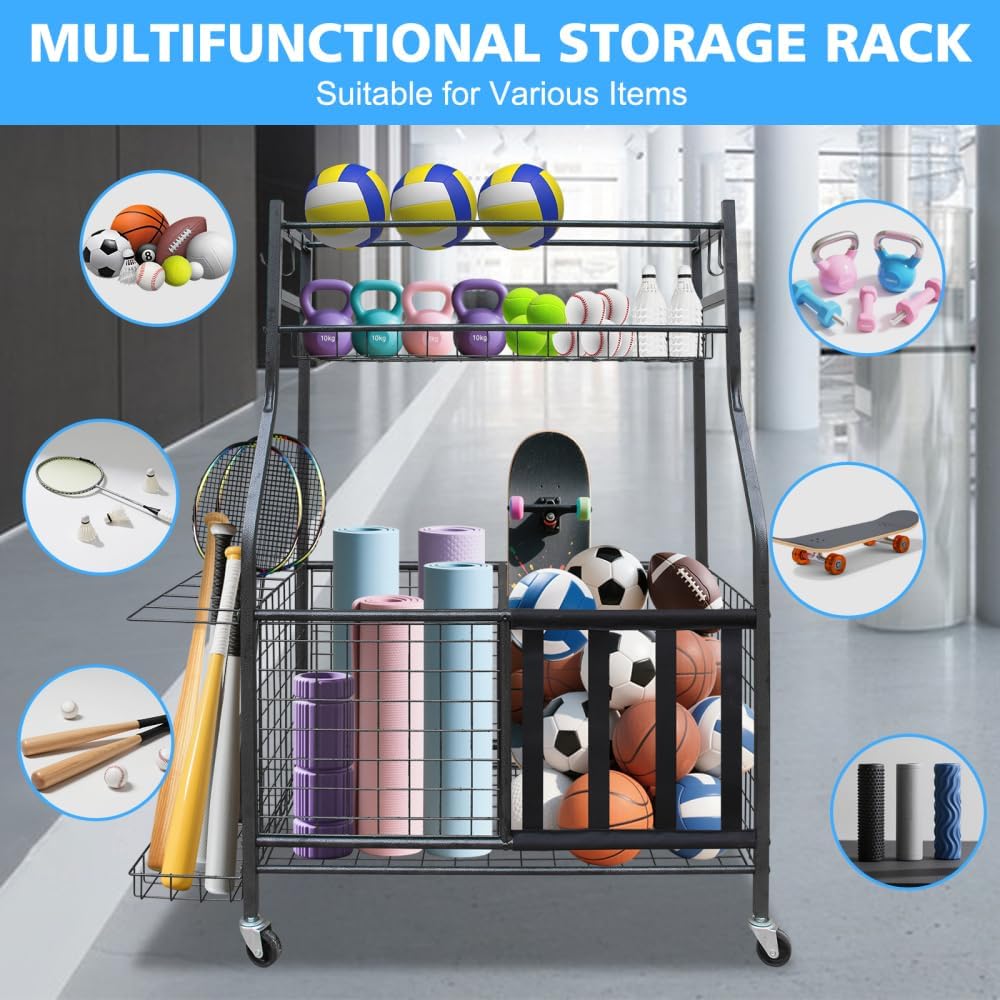 Large Garage Sports Equipment Organizer – Heavy-Duty Rolling Ball Cart with Wheels, Multi-Sport Ball Storage Rack for Indoor & Outdoor Use