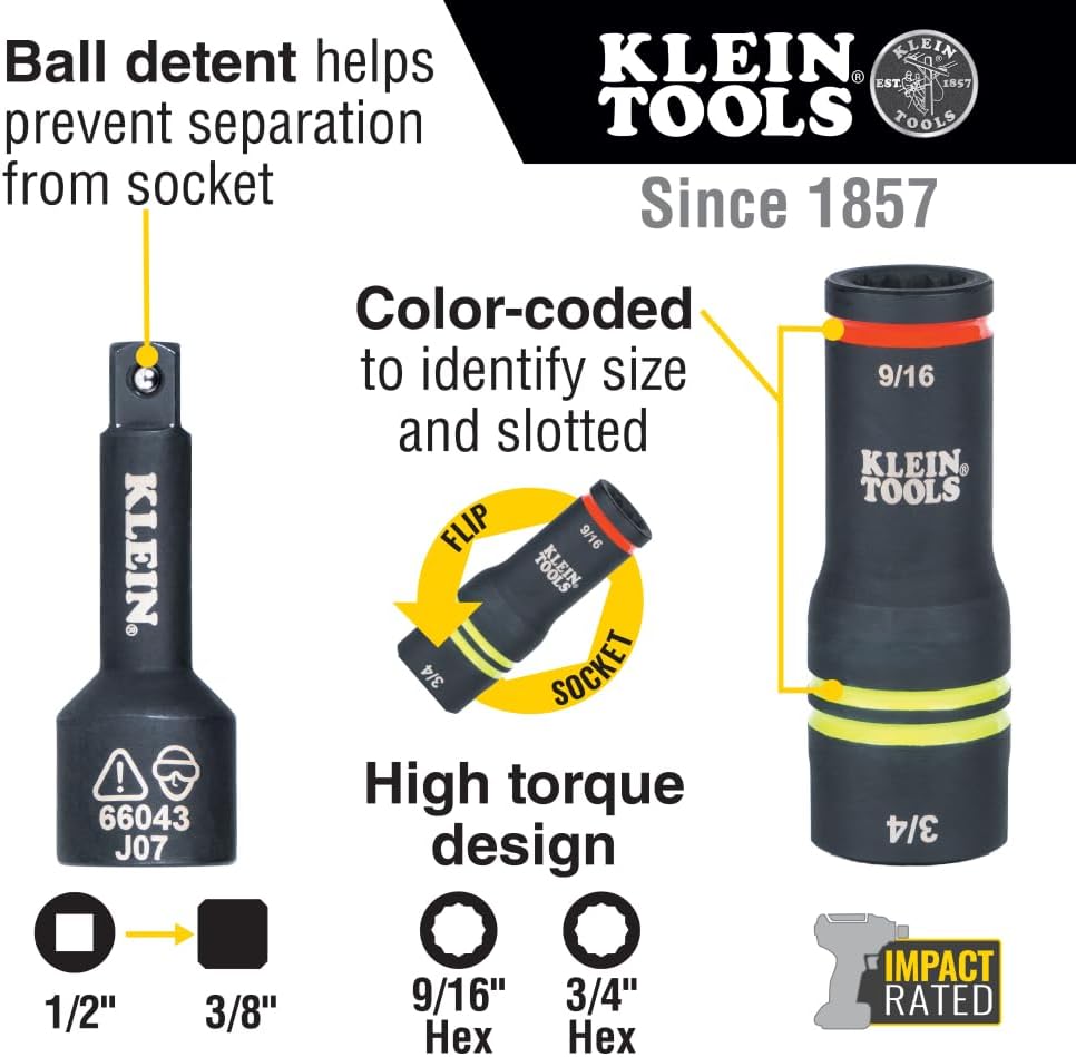 Klein Tools 660KIT3 5-in-1 Mini Impact Socket and 3-in-1 Flip Impact Socket Set, for Linemen and Utility Work, 4-Piece