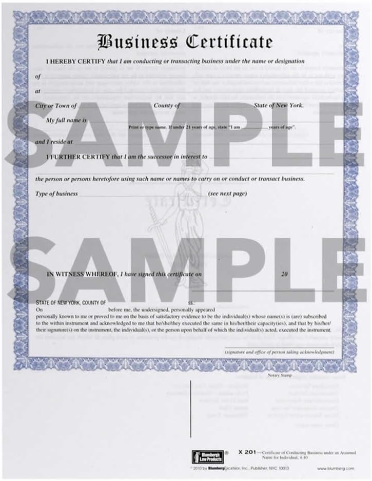 New York Business Certificate (DBA) Form X201 (8.5 X 11)