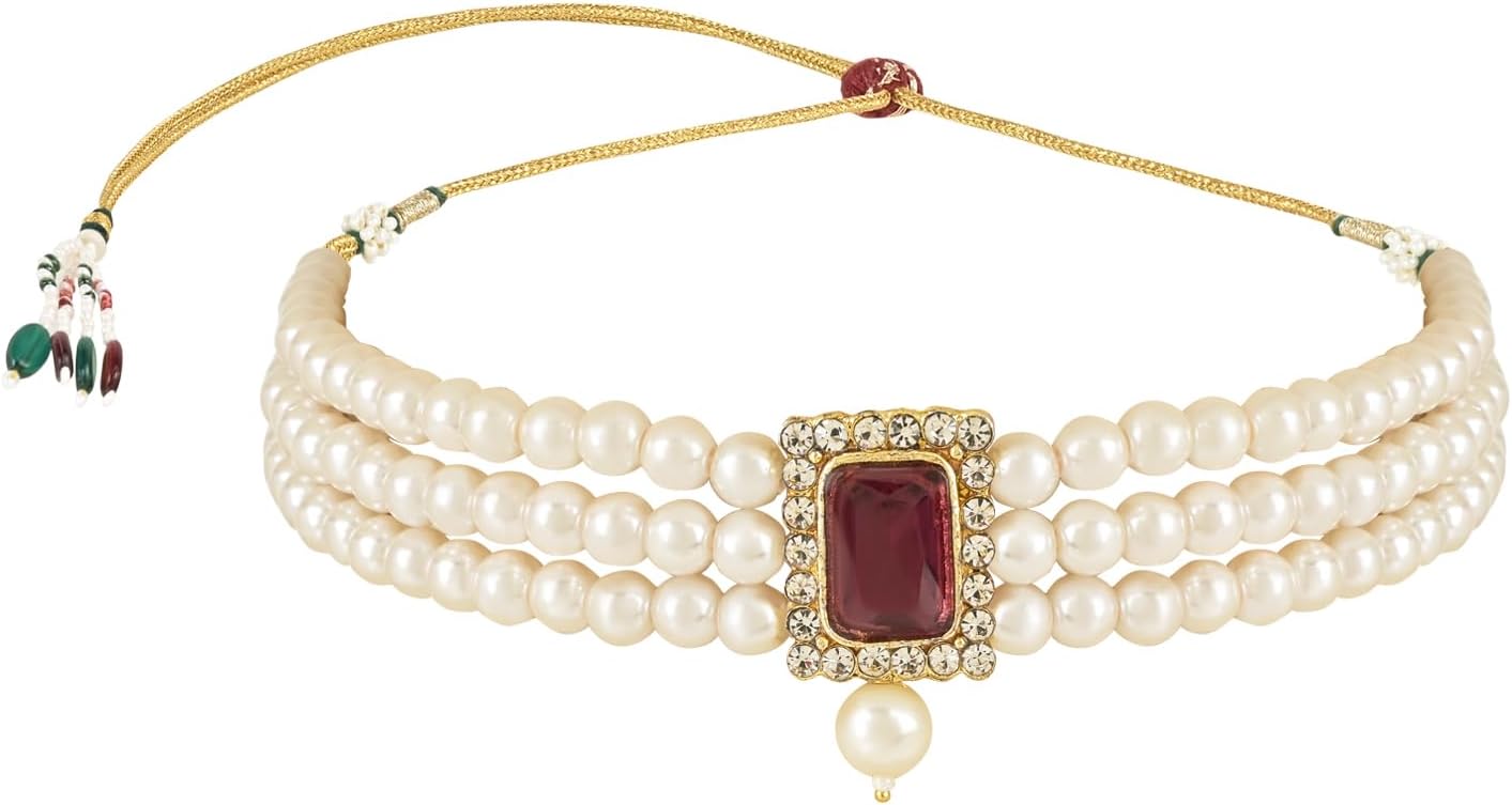 I Jewels Indian Wedding Bollywood Stone Pearl Choker Necklace With Earring Jewellery Set For Women (Style 1)