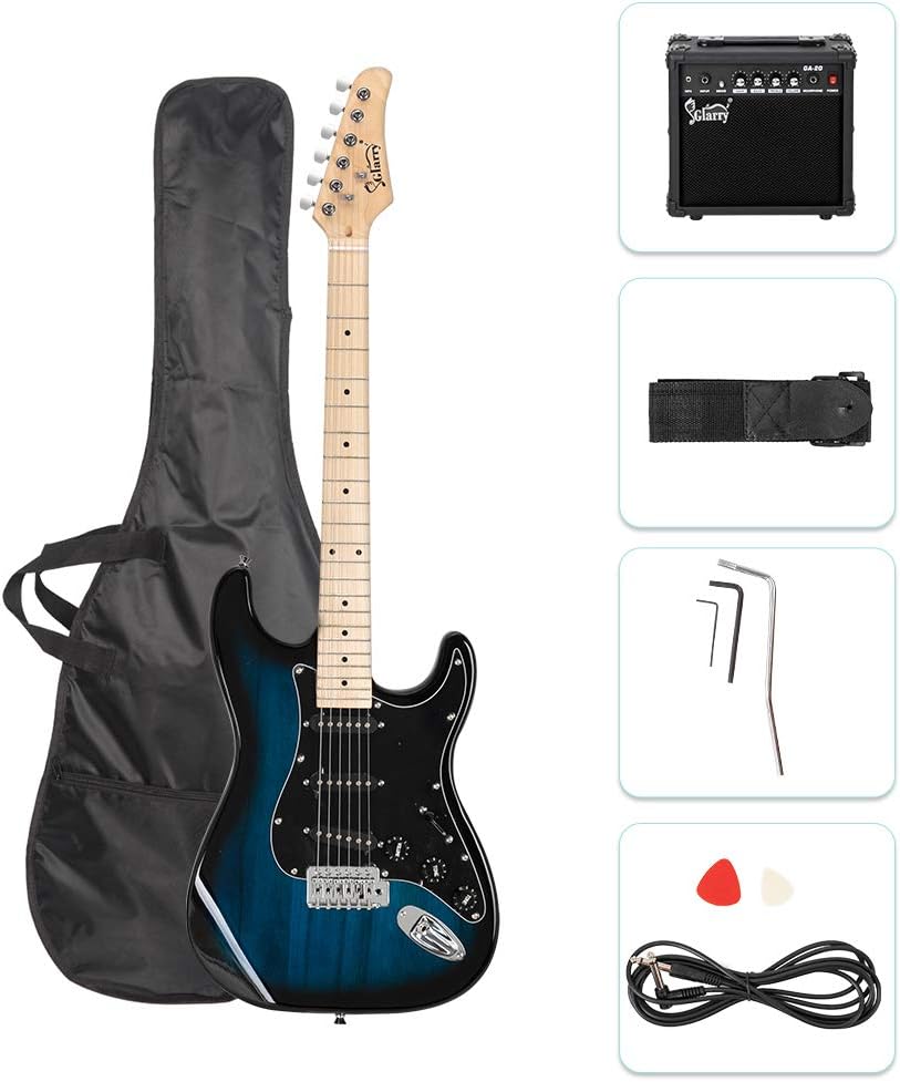 GLARRY Full Size Electric Guitar for Music Lover Beginner with 20W Amp and Accessories Pack Guitar Bag (Dark Blue)