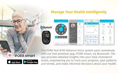 FORA Test N’GO Advance Voice Cholesterol Kit – 10 Total Cholesterol Strips + 10 Lancets | Bluetooth Meter (Optional App Sync) & Voice Guidance - Thumbnail 6