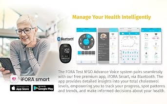 FORA Test NGO Advance Voice Cholesterol Kit 10 Total Cholesterol Strips + 10 Lancets | Bluetooth Meter (Optional App Sync) & Voice Guidance