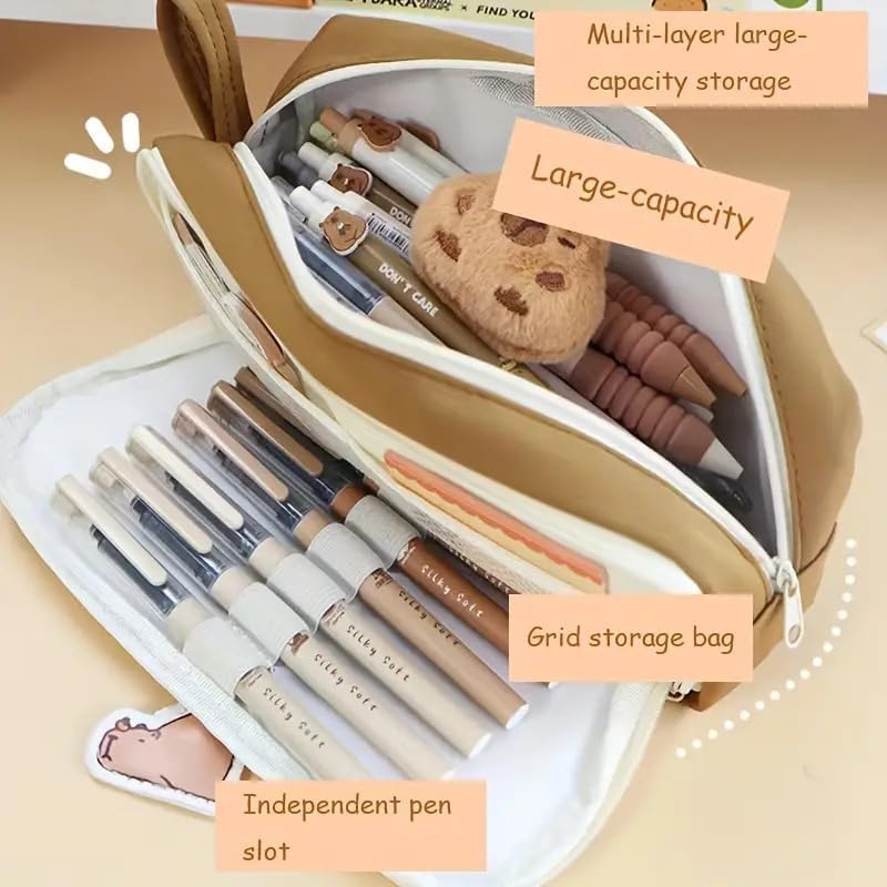 Image of Invite Capybara White Pouch Large Capacity Cartoon Pencil Case Double Layer Cute Aesthetic Pencil Case for Girls Multifunctional Stationery Organizer for School Office (Capybara Brown Pouch)