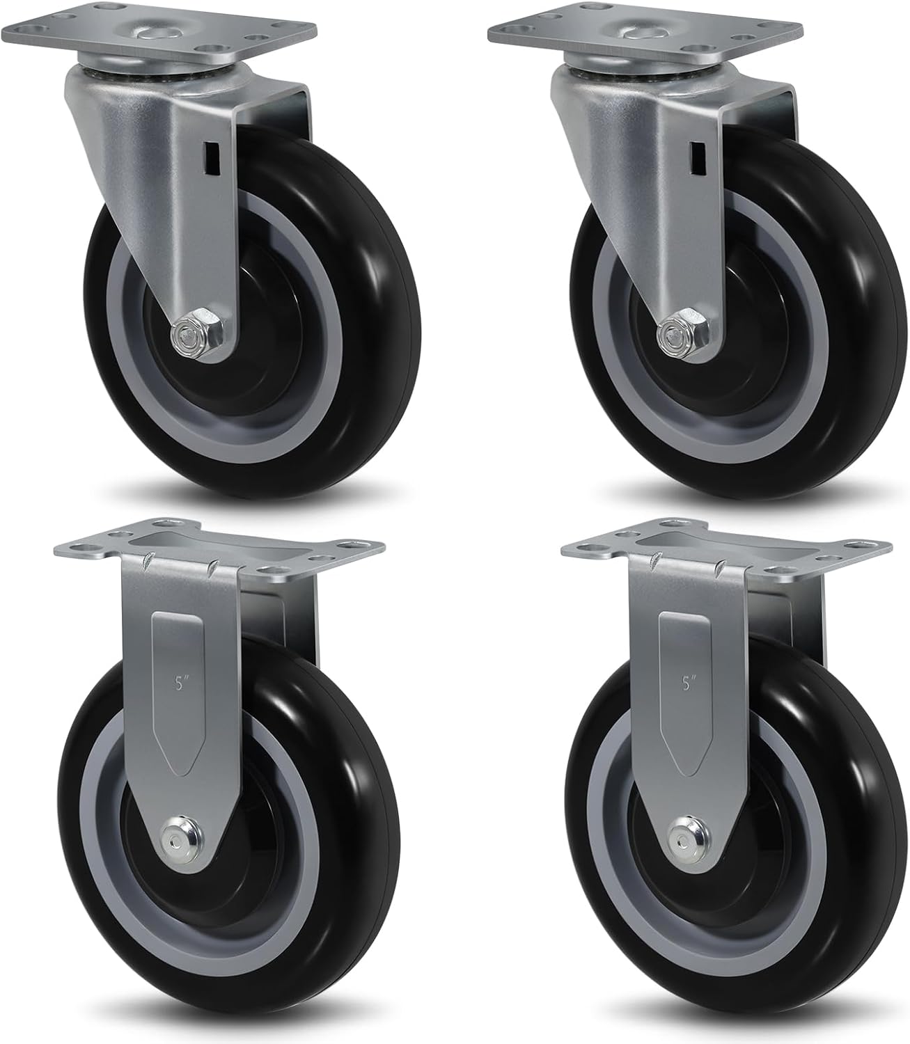 SY America 5" X 1.25"Heavy Duty Casters,2 Rigid & 2 Swivel,Polyurethane on Polyolefin Caster Set of 4, Industrial Caster Wheels for Carts,1400 lbs Capacity-Black&Grey