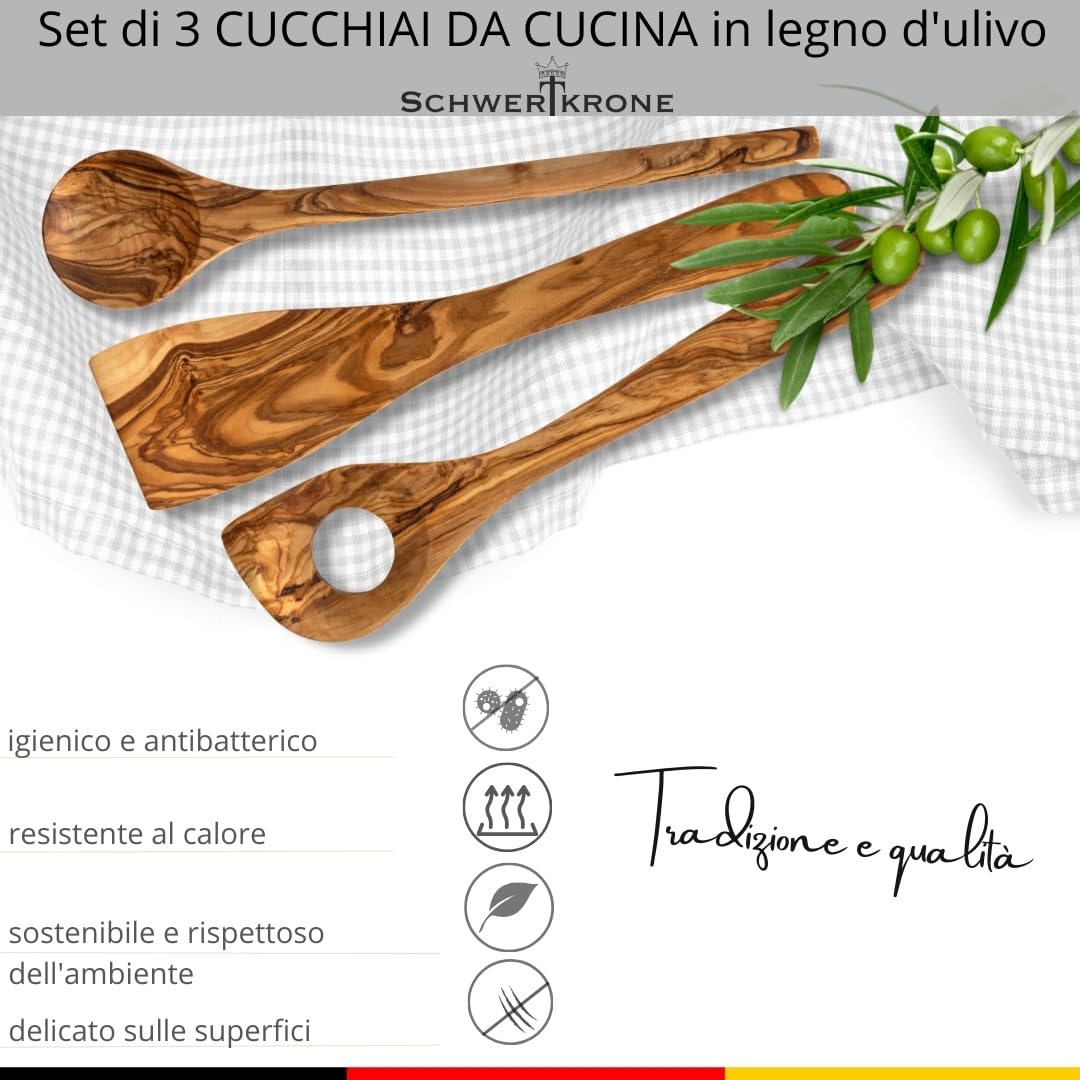 SCHWERTKRONE Set di cucchiai in legno d'oliva italiano, cucchiaio da cucina in legno, cucchiaio da cucina in legno di ulivo