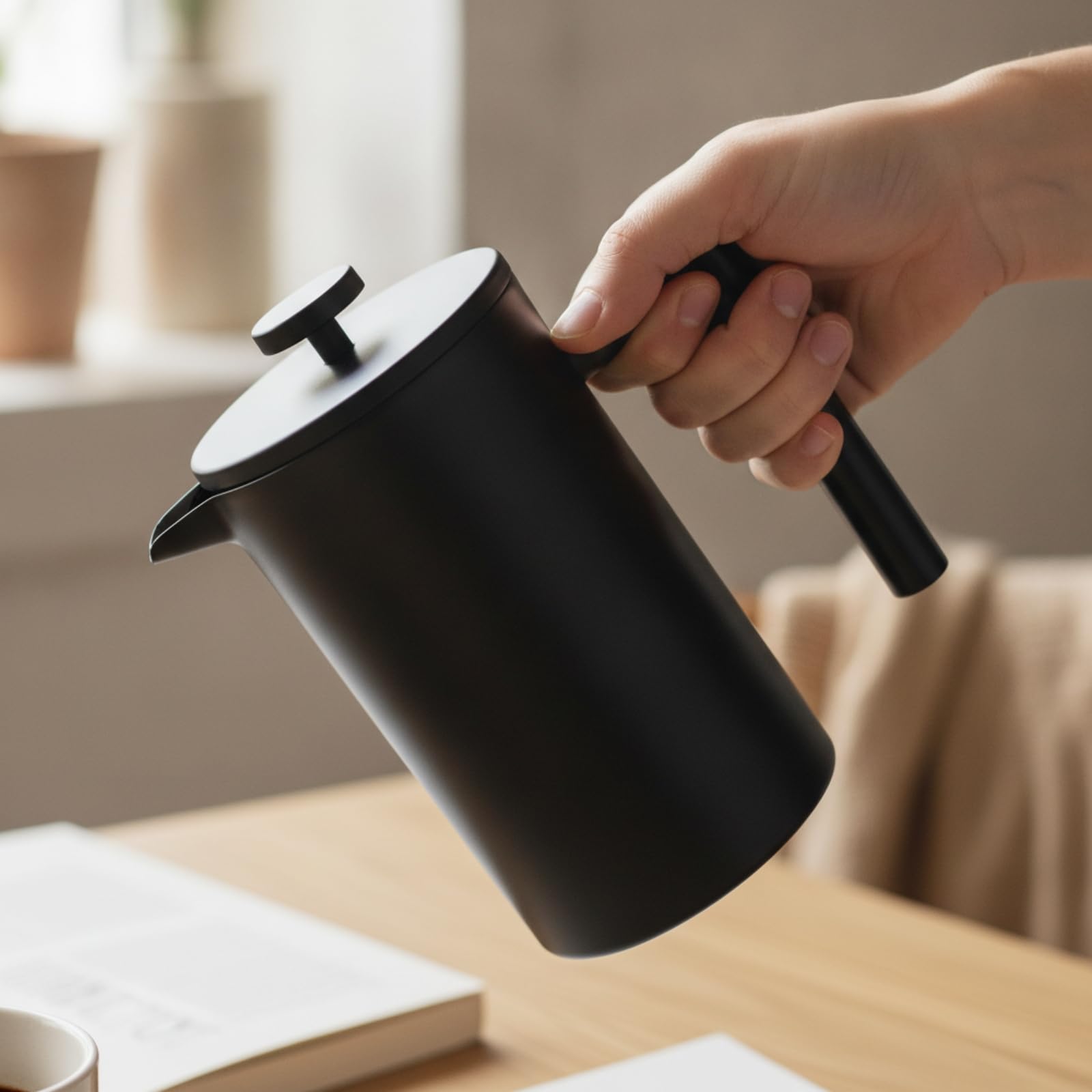 Presse Française En Acier Inoxydable Noir Durables Cafetière à Piston En Acier Inoxydable Portable Presse à Café Cylindrique avec Couvercle, 1000ML A