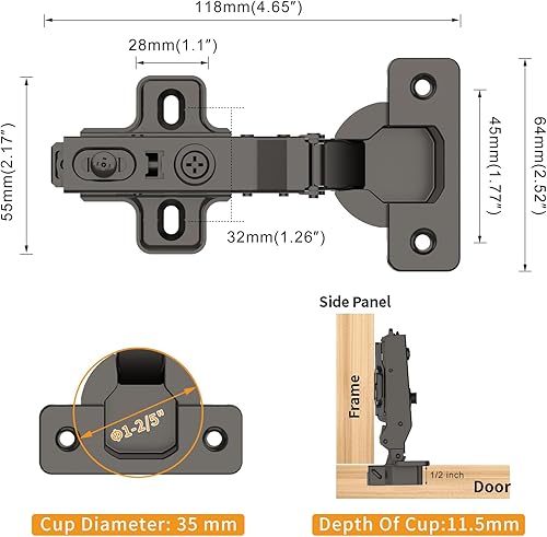 Miniatura 6 de 10 bisagras de cierre suave superpuestas de 34 pulgadas, placa de clip, 105 grados, hidráulica silenciosa, bisagra oculta europea sin marco negro
