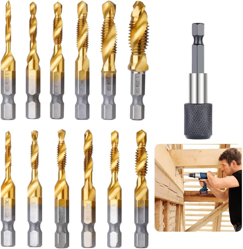 Sae/Metric Titanium Drill Tap Set, 13-Piece Combo With Hex Shank Adapter, Multi-Use Bit Set For Tapping And Boring