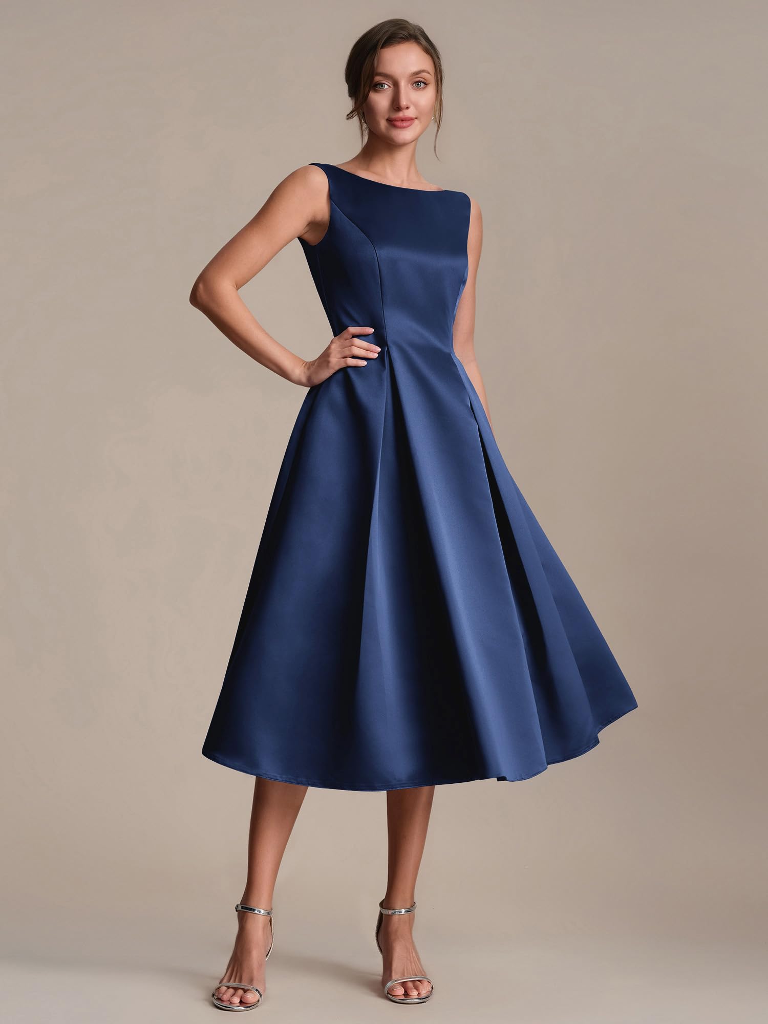 Ever-Pretty Vestito Donna Elegante Collo a Barchetta Senzamaniche Satin Midi Gonna a Ruota EG02775