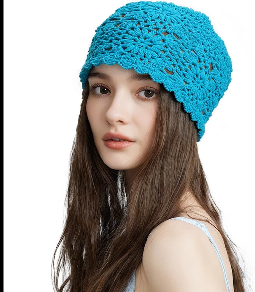 100% Cotton Crochet Beanie Hat Handmade Knit Slouchy Floral Skull Hat Knitted Openwork Summer hat for Women - Image 4