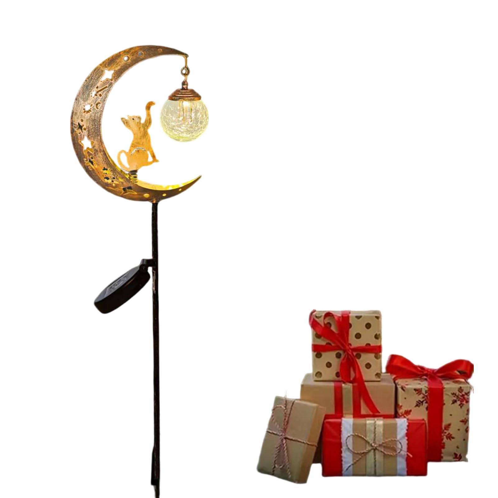 Cat Solar Powered Moon-Shaped Ground Light IP45 Waterproof Crackle Hanging Glass Globe Ball Built-in Solar Panel for Terraces Lawns Courtyards Walkways Porches (B)