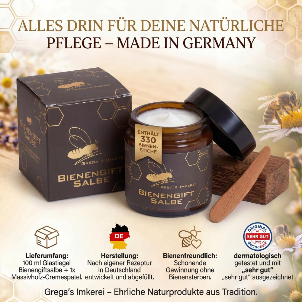 Gregas Bienengiftsalbe 100 ml stark konzentriert mit „Sehr gut" im Derma Test. Sanfte Entspannung für beanspruchte Muskeln & Gelenke - je Dose ca. 330 Bienenstiche (1x 100 ml (1er Pack)