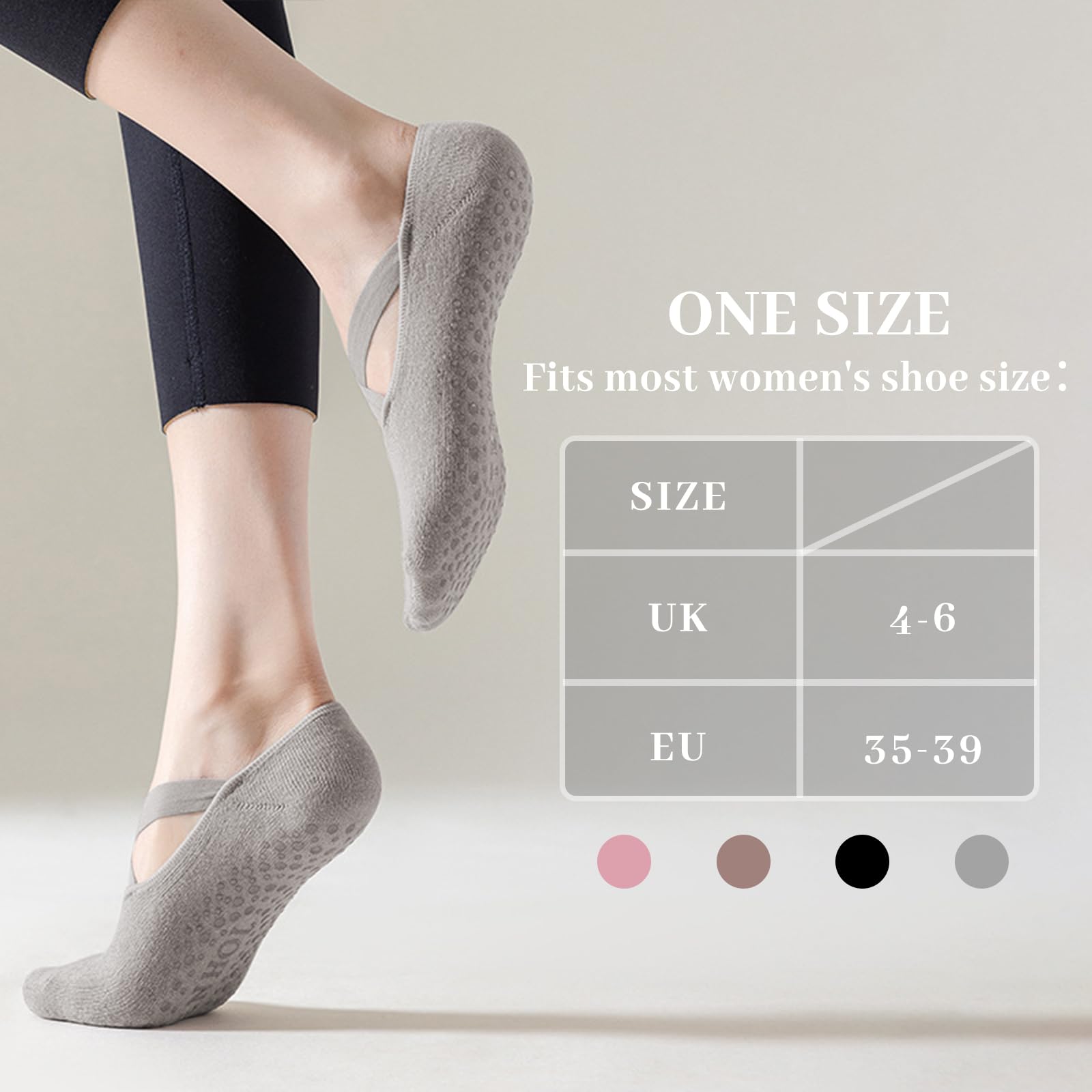 Chaussettes Antidérapantes Femme Pilates Coton Respirant avec Poignées Sangles pour Yoga Barre Ballet Danse Entraînement