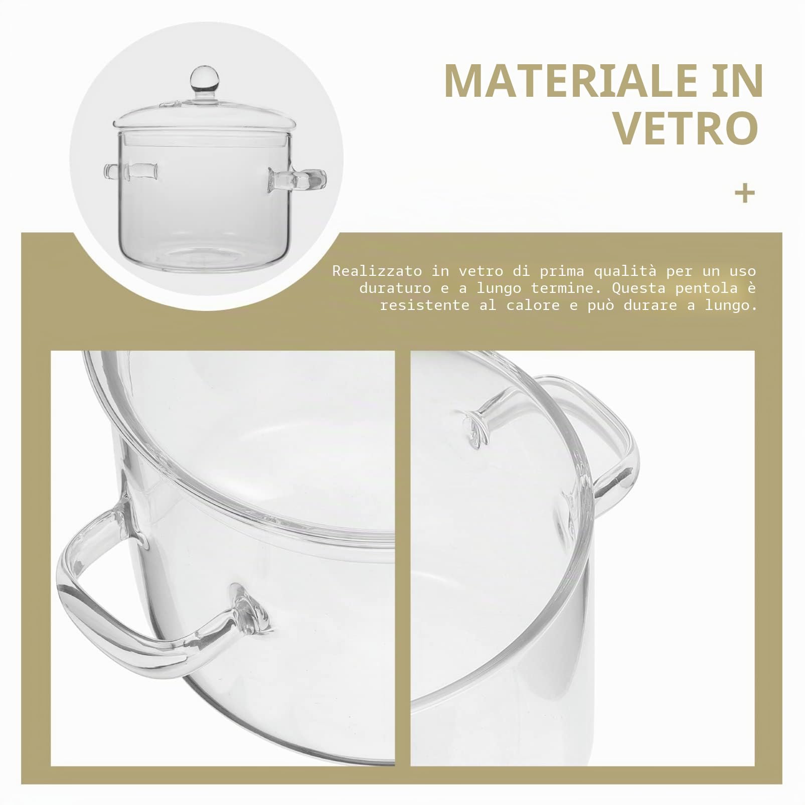 OUNONA Pentola in Vetro Borosilicato Alta Densità Da 1900Ml Con Coperchio E Maniglie Ergonomiche Ideale Per Cucina Induzione Zuppe Noodles Istantanei E Stufati Domestici