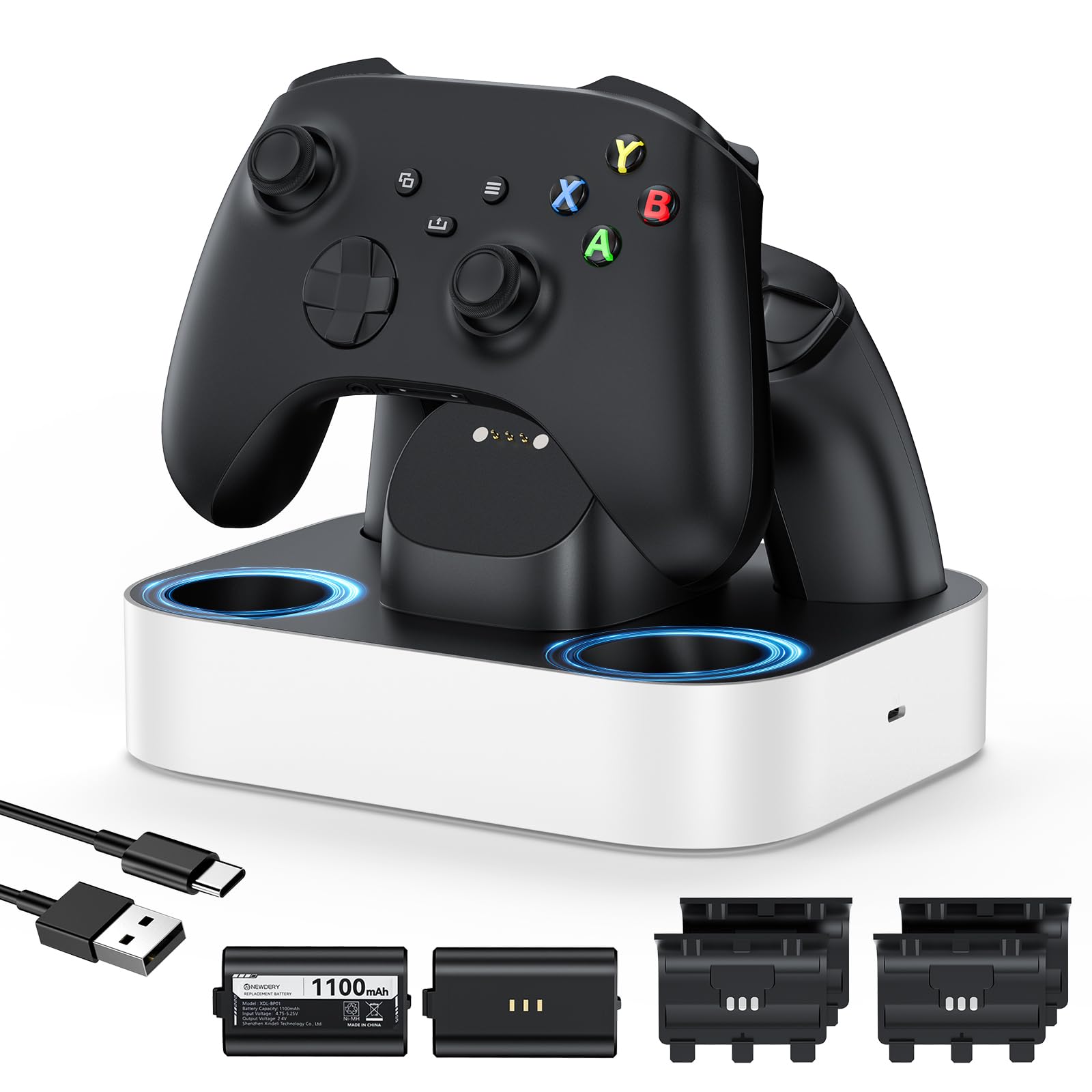 NEWDERY Stazione di ricarica per controller Xbox, 2 batterie ricaricabili da 1100 mAh per controller Xbox One/serie X|S, stazione di ricarica rapida con 4 coperchi batteria Bianco