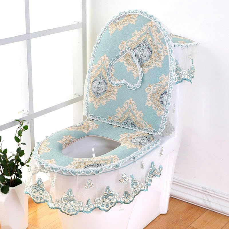 Toilet Lid Cover Set,Lace Toilet Lid & Tank Covers 3pcs Set Toilet Seat Cushion Pads Toilet Lid Cover Set Flower Heart Embroidery(Roze)(Pine Stone Green)