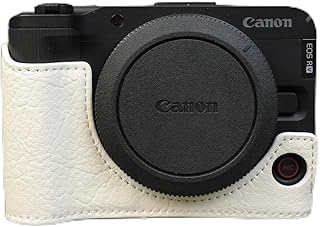 Rieibi EOS R50V - Funda protectora de piel sintética de calidad para cámara Canon EOS R50 V, acceso a la batería inferior y compatible con pantalla LCD abatible, color blanco