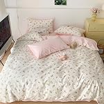 Nayoroom Pink Floral Duvet Cover Queen Size White Green Botanical Leaf Reversible Cottagecore Bedding 3 Pcs Soft Breathable Aesthetic Spring Comforter Cover Gift for Women Girls