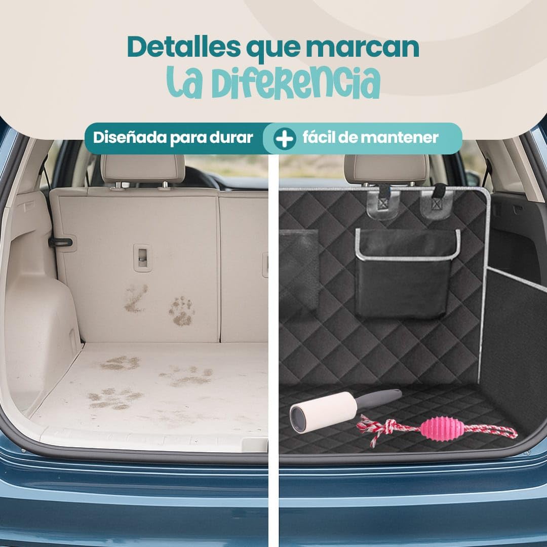 Funda Coche Perro - Protector Perros Maletero - Funda Perro para Coche Impermeable, Antideslizante, Lavable, Protector Universal Color Negro - Incluye Rodillo Quita Pelos y Juguete