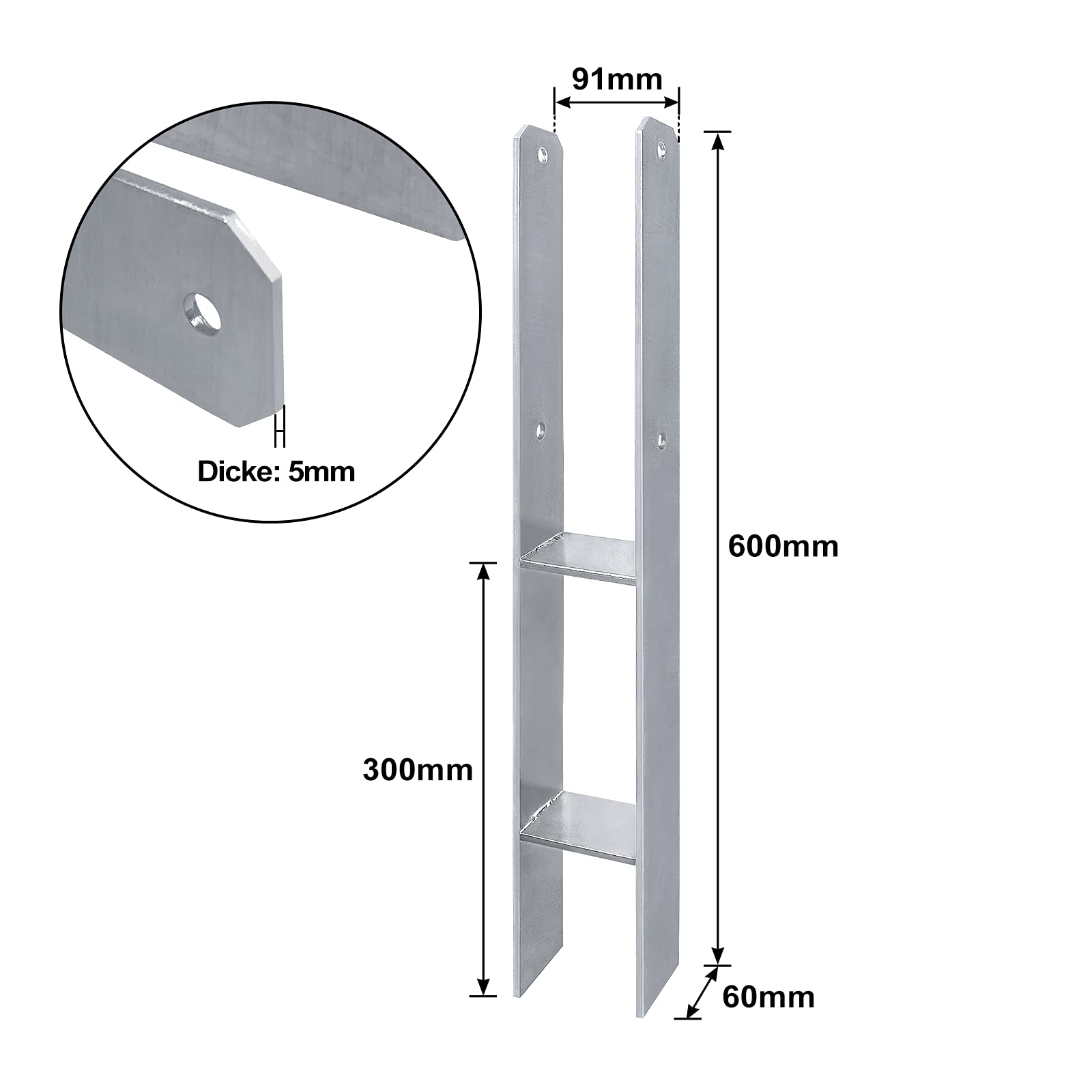 YRHome Kotwa słupkowa H, wspornik słupka H do ogrodzenia, szklarni, wiat, grubość materiału 5 mm, wysokość całkowita 600 mm, kotwa podłogowa (91 x 600 mm)
