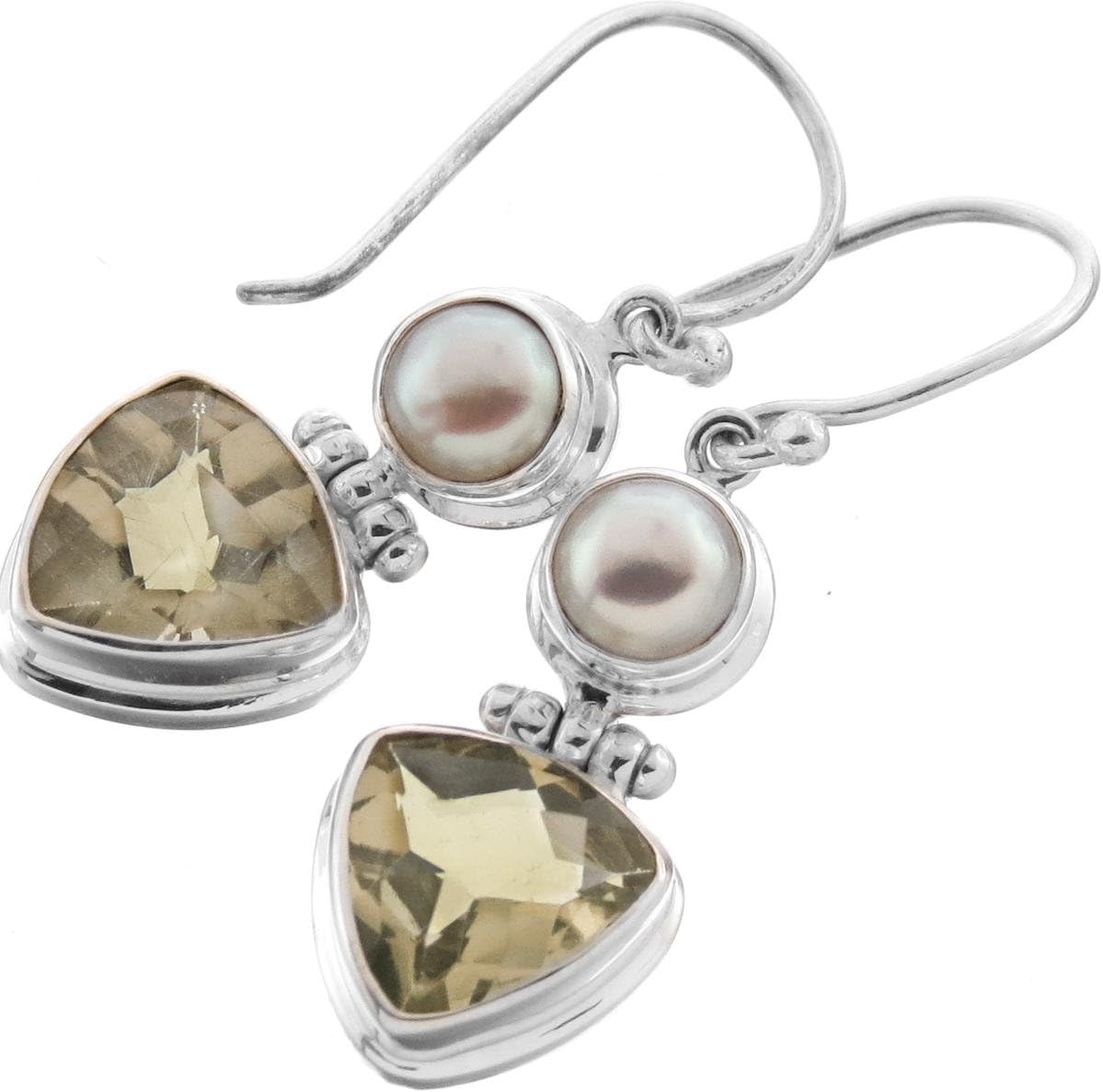 Lemon Quartz Trillion White Freshwater Cultured Pearl 925 Sterling Silver Earrings, 7/8"
