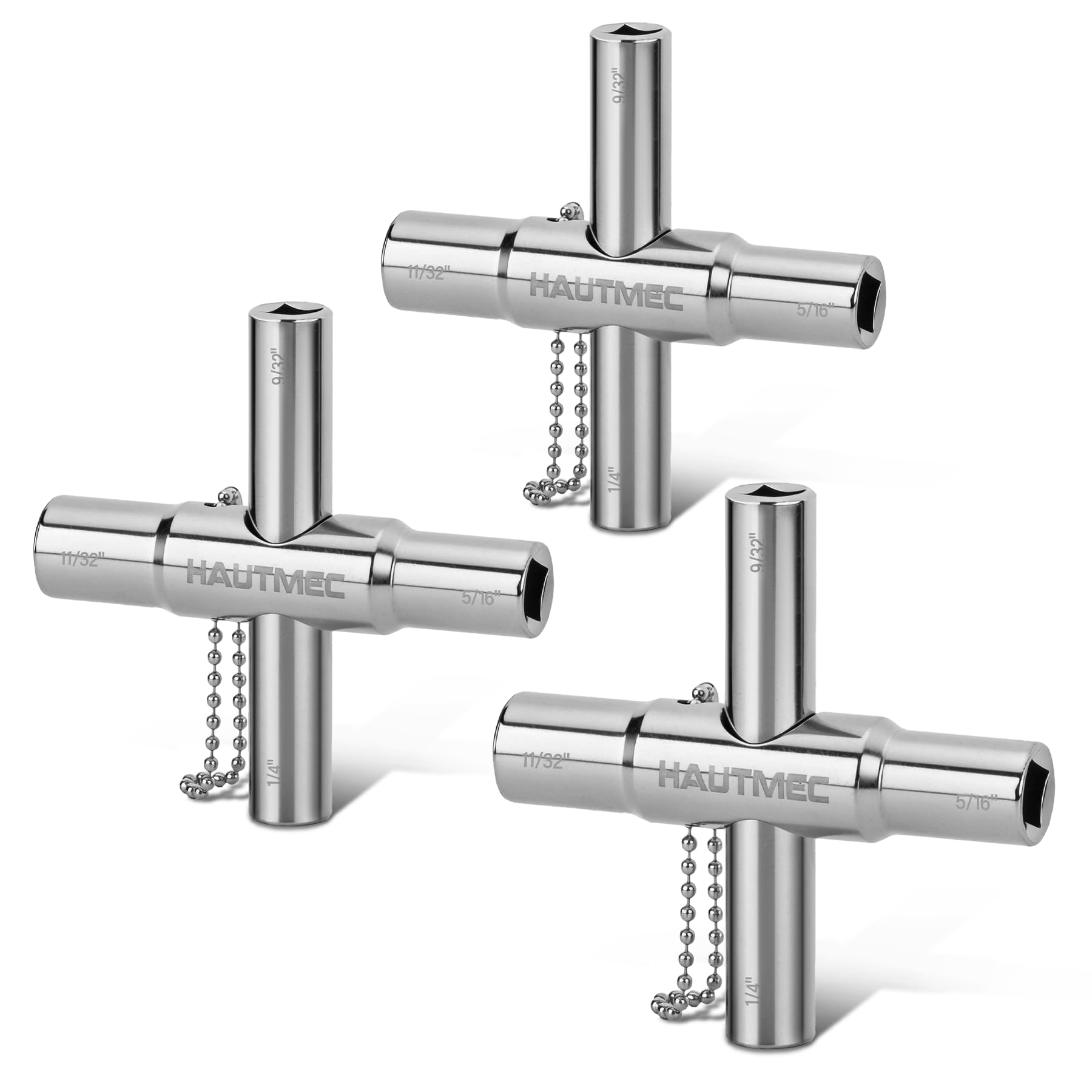 HAUTMEC 3pcs 4 Way Sillcock Water Key Faucet Valve Tool Spigot Key 1/4", 9/32", 5/16", 11/32" PL0028-3
