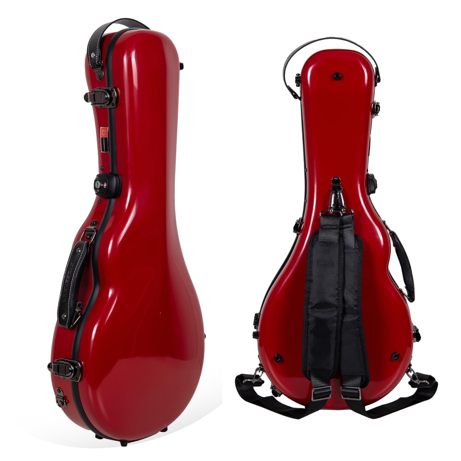 Crossrock Fiberglass Mandolin Case – Contoured for F-Style (Fits Gibson F5) | Red Gloss, Forest Green Velvet, TSA Lock, Accessory Compartment, Backpack Straps – Sleek Pro Travel Case