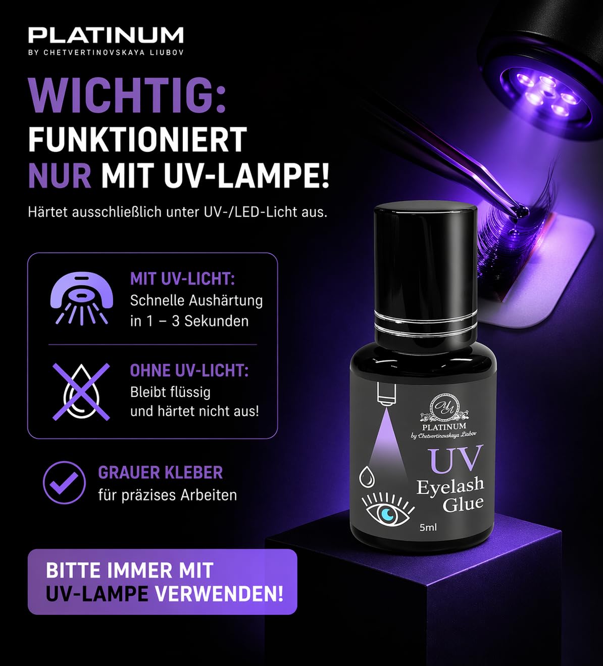 UV Wimpernkleber Grey – UV-aktivierter Wimpernkleber, Funktioniert nur unter UV-Licht – 1–3 Sek., 5 ml
