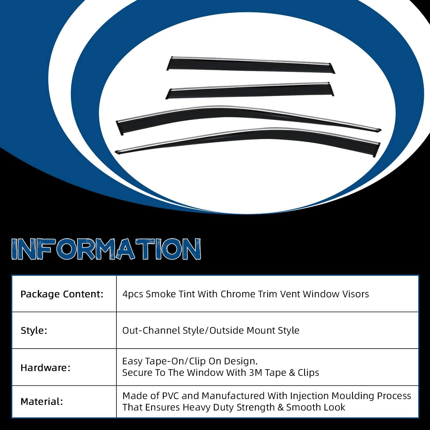 4pcs Window Visors Compatible with 19-23 RAV4 RAV-4 Smoke Tint with Chrome Trim Outside Mount Tape On/Clip On Style PVC Sun Rain Guard Vent